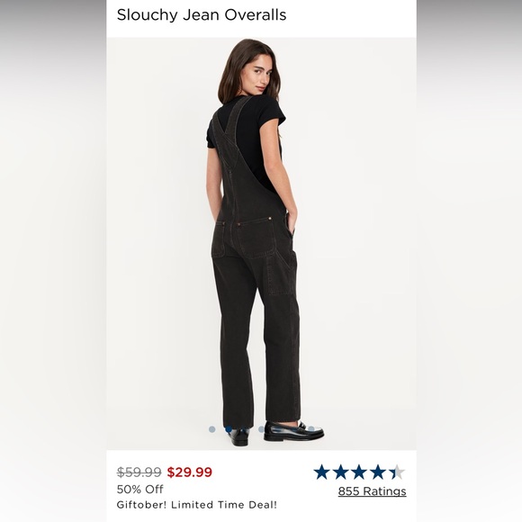 NWOT- Old Navy- Sz 16Tall- Black Denim Slouchy Overalls - Picture 2 of 12